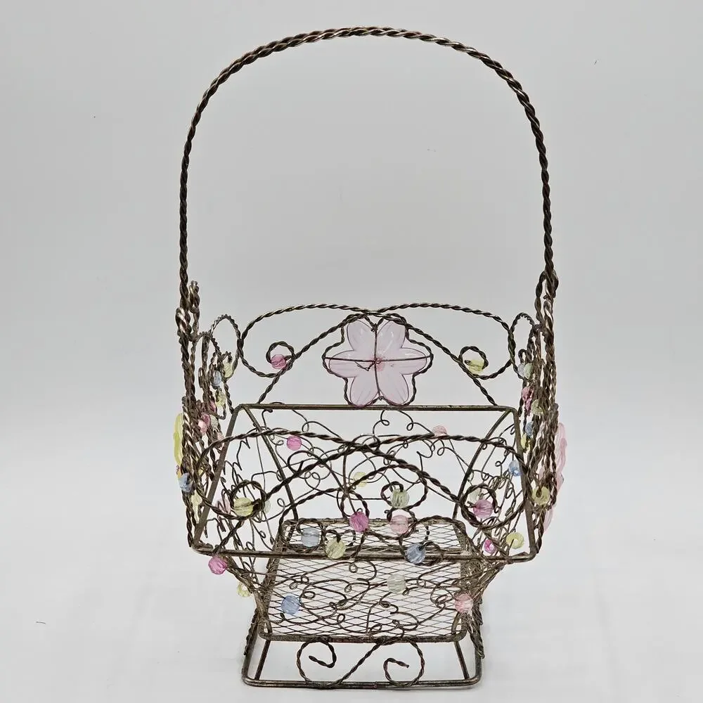 Vintage Beaded Wire Metal Basket Twisted Handle Floral Acrylic Beads Pink Yellow